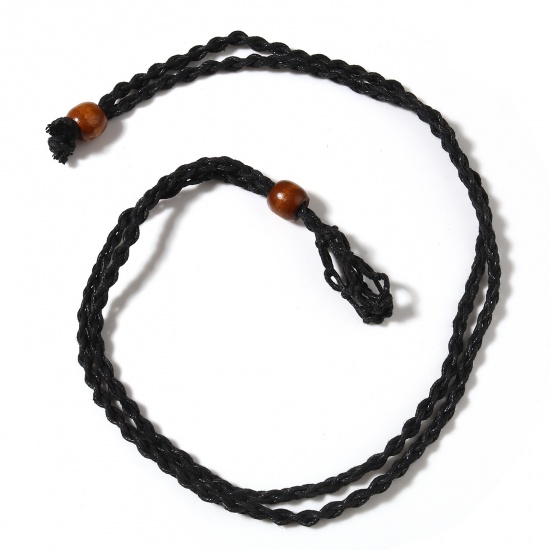 Picture of Natural Wood & Polyester Braided String Cord Necklace Black Adjustable 100cm(39 3/8") long, 1 Piece