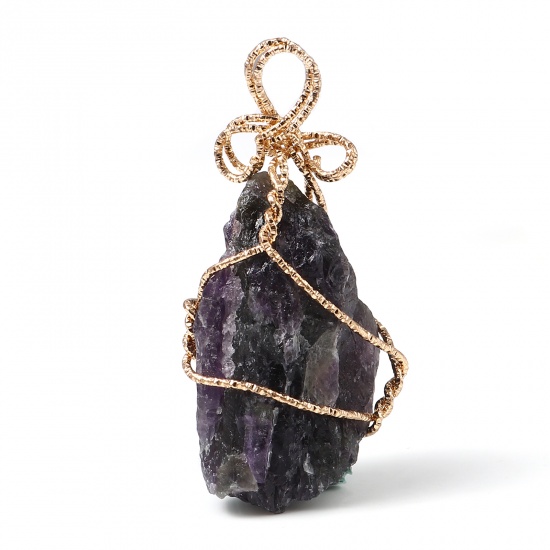 Picture of (Grade A) Copper & Crystal ( Natural ) Wire Wrapped Pendants Gold Plated Dark Purple Irregular 6cm x 3cm - 3.8cm x 2.2cm, 1 Piece