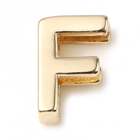 Picture of Brass Beads 14K Real Gold Plated Capital Alphabet/ Letter Message " F " About 9mm x 6mm, 5 PCs                                                                                                                                                                