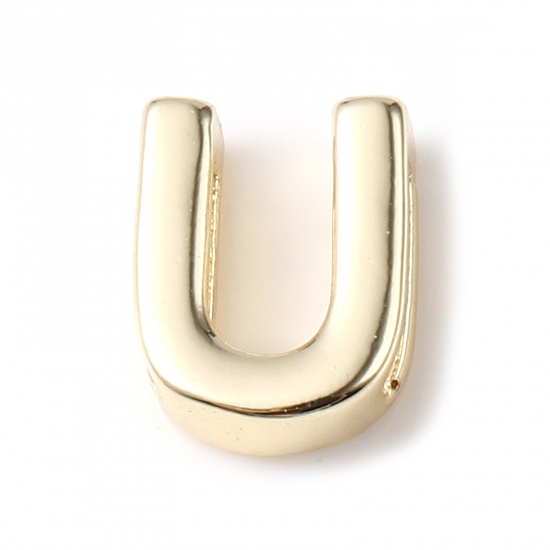 Picture of Brass Beads 14K Real Gold Plated Capital Alphabet/ Letter Message " U " About 9mm x 7mm, 5 PCs                                                                                                                                                                