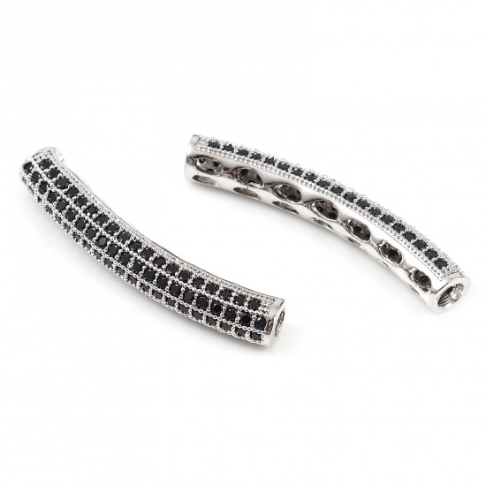 Picture of Brass Beads Tube Silver Tone Black Rhinestone About 3.1cm x 0.7cm, Hole: Approx 2.5mm, 1 Piece                                                                                                                                                                