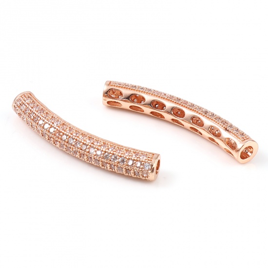 Picture of Brass Beads Tube Rose Gold Clear Rhinestone About 3.1cm x 0.7cm, Hole: Approx 2.5mm, 1 Piece                                                                                                                                                                  