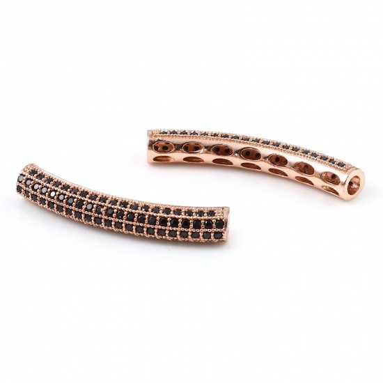 Picture of Brass Beads Tube Rose Gold Black Rhinestone About 3.1cm x 0.7cm, Hole: Approx 2.5mm, 1 Piece                                                                                                                                                                  