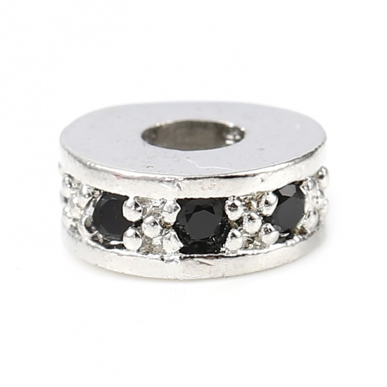 Picture of Brass Beads Round Platinum Color Black Rhinestone About 7mm Dia, Hole: Approx 2.8mm, 5 PCs                                                                                                                                                                    