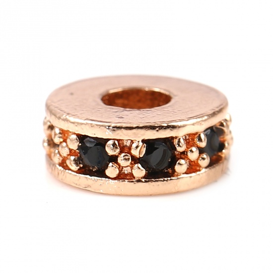 Picture of Brass Beads Round Rose Gold Black Rhinestone About 7mm Dia, Hole: Approx 2.8mm, 5 PCs                                                                                                                                                                         