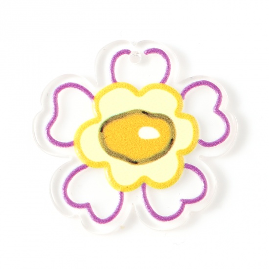 Picture of Resin Pendants Flower Yellow & Purple 3.2cm x 3.1cm, 10 PCs