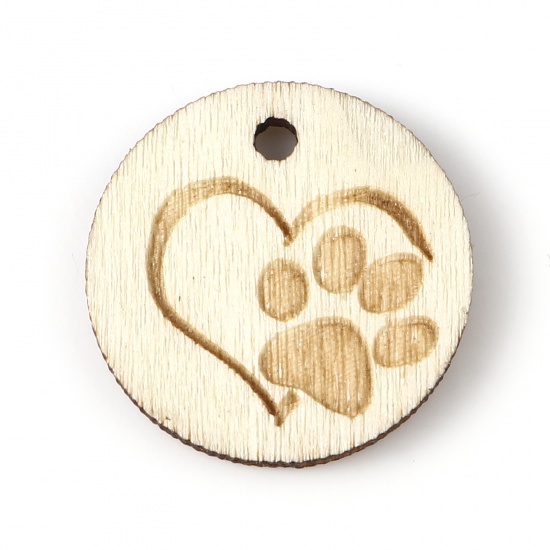 Picture of Wood Pet Memorial Charms Round Light Khaki Paw Claw 19mm Dia, 30 PCs