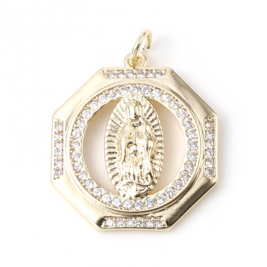 Immagine di Ottone Religione Charms Oro Placcato Esagono Vergine Maria Micro Spianare Trasparente Strass 27mm x 22mm, 1 Pz                                                                                                                                                