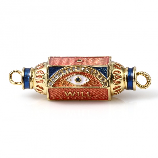 Picture of Brass Micro Pave Connectors Polygon Gold Plated Blue & Orange Eye Message " will " Enamel Clear Rhinestone 3.6cm x 1.2cm, 1 Piece                                                                                                                             