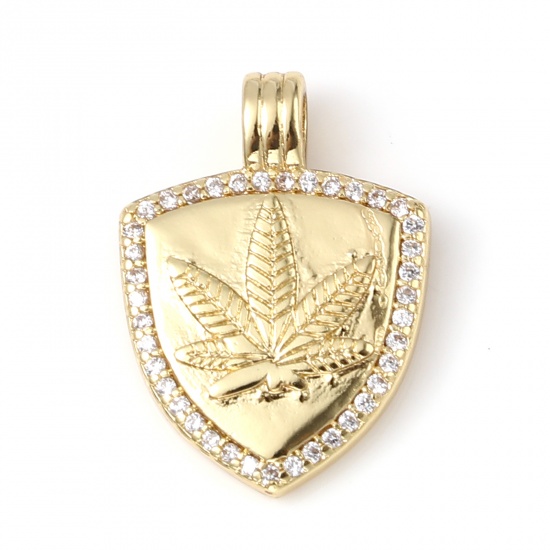Picture of Brass Micro Pave Charms Gold Plated Shield Leaf Clear Rhinestone 21mm x 15mm, 1 Piece                                                                                                                                                                         