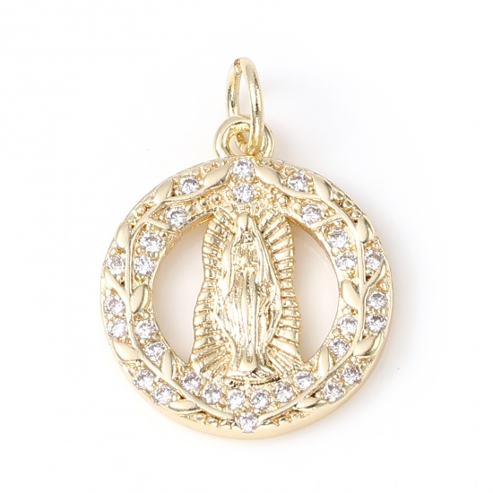 Picture of Brass Religious Charms Gold Plated Round Virgin Mary Micro Pave Clear Rhinestone 20mm x 15mm, 1 Piece                                                                                                                                                         