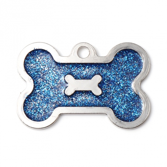 Picture of Zinc Based Alloy Pet Memorial Pendants Bone Silver Tone Blue Glitter 4cm x 2.6cm, 5 PCs