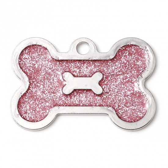 Picture of Zinc Based Alloy Pet Memorial Pendants Bone Silver Tone Pink Glitter 4cm x 2.6cm, 5 PCs