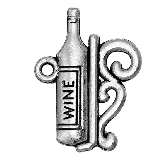 Picture of Zinc Metal Alloy Charms Bottle Antique Silver Message " WINE " Carved 22mm( 7/8") x 17mm( 5/8"), 30 PCs