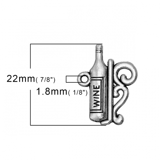 Picture of Zinc Metal Alloy Charms Bottle Antique Silver Message " WINE " Carved 22mm( 7/8") x 17mm( 5/8"), 30 PCs