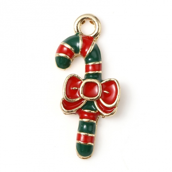 Picture of Zinc Based Alloy Christmas Charms Christmas Candy Cane Gold Plated Red & Green Enamel 21mm x 10mm, 10 PCs