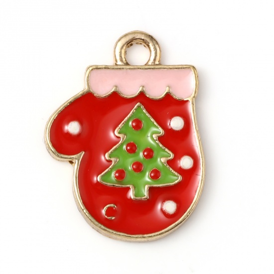 Picture of Zinc Based Alloy Charms Glove Gold Plated Red & Green Christmas Tree Enamel 19mm x 15mm, 10 PCs