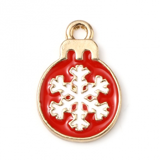Picture of Zinc Based Alloy Christmas Charms Bulb Gold Plated White & Red Snowflake Enamel 19mm x 13mm, 10 PCs