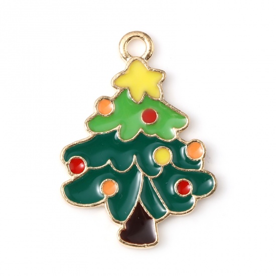 Picture of Zinc Based Alloy Charms Christmas Tree Gold Plated Multicolor Enamel 25mm x 18mm, 10 PCs
