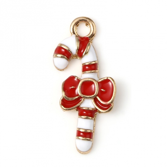 Picture of Zinc Based Alloy Charms Christmas Candy Cane Gold Plated White & Red Enamel 21mm x 10mm, 10 PCs