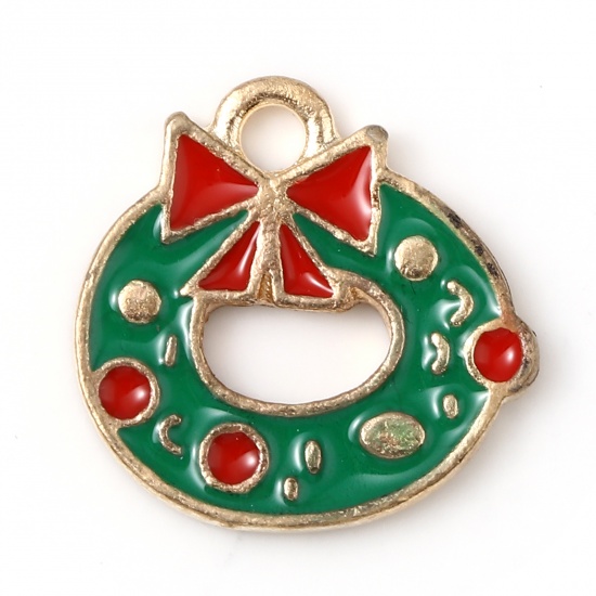 Picture of Zinc Based Alloy Charms Christmas Wreath Gold Plated Red & Green Enamel 15mm x 14mm, 10 PCs