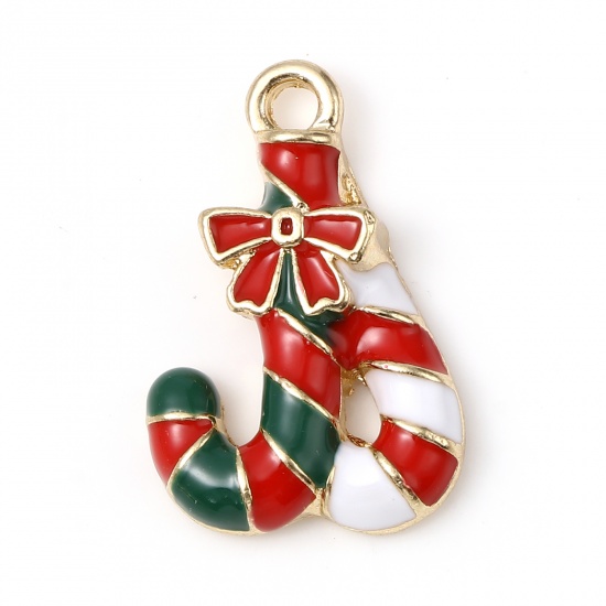 Picture of Zinc Based Alloy Charms Christmas Candy Cane Gold Plated Red & Green Enamel 21mm x 14mm, 10 PCs