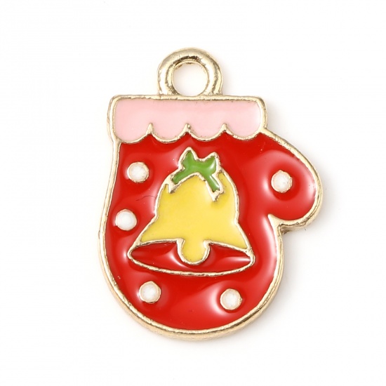 Picture of Zinc Based Alloy Charms Christmas Gloves Gold Plated Red & Yellow Bell Enamel 19mm x 14mm, 10 PCs