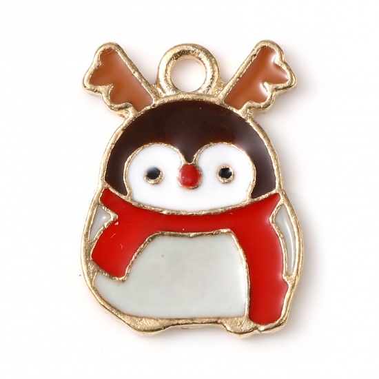 Picture of Zinc Based Alloy Christmas Charms Penguin Animal Gold Plated Multicolor Enamel 18mm x 14mm, 10 PCs