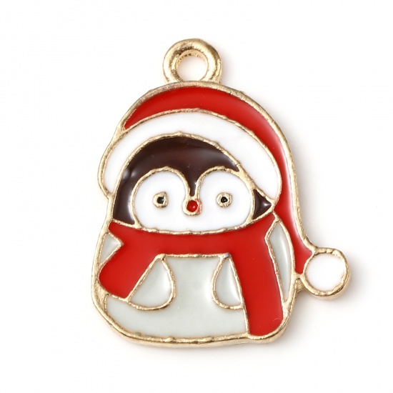 Picture of Zinc Based Alloy Christmas Charms Penguin Animal Gold Plated White & Red Enamel 21mm x 17mm, 10 PCs