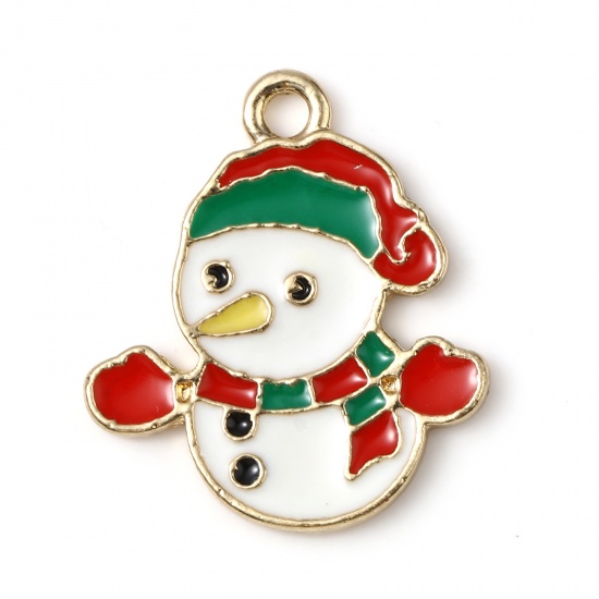 Picture of Zinc Based Alloy Charms Christmas Snowman Gold Plated Red & Green Enamel 21mm x 18mm, 10 PCs
