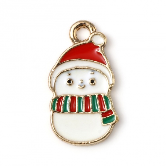 Picture of Zinc Based Alloy Charms Christmas Snowman Gold Plated White & Red Enamel 20mm x 11mm, 10 PCs