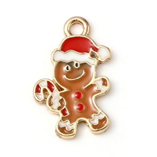 Picture of Zinc Based Alloy Charms Christmas Ginger Bread Man Gold Plated Khaki Enamel 20mm x 13mm, 10 PCs