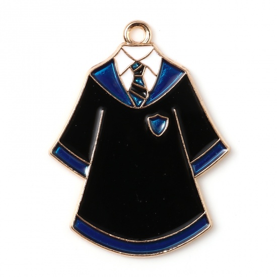 Image de Pendentifs Bijoux d'Ecole en Alliage de Zinc Vêtement Doré Bleu & Noir env. Émail 3.2cm x 2.5cm, 5 Pcs
