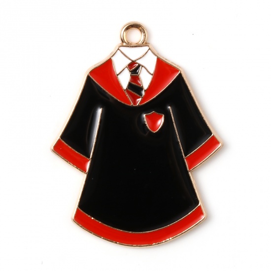 Image de Pendentifs Bijoux d'Ecole en Alliage de Zinc Vêtement Doré Noir & Rouge env. Émail 3.2cm x 2.5cm, 5 Pcs