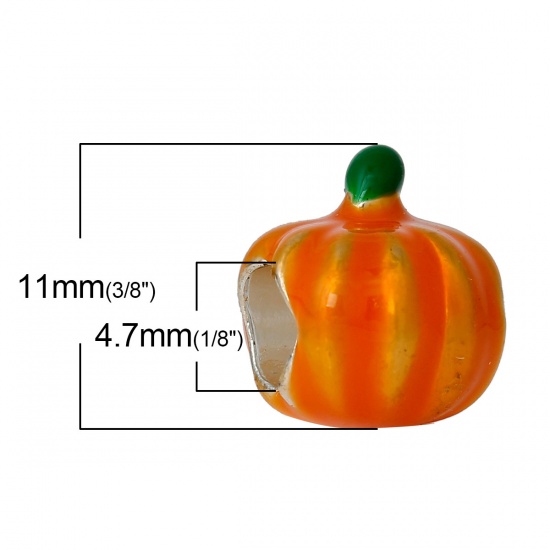 Immagine di Lega di Zinco Stile EuropeoFascino Perline Halloween Zucca Circa Verde & Arancione Smalto Circa 11mm x 10mm, Foro: Circa 4.7mm, 5 Pz