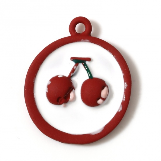 Picture of Zinc Based Alloy Charms Round White & Red Cherry Enamel 21mm x 17mm, 5 PCs
