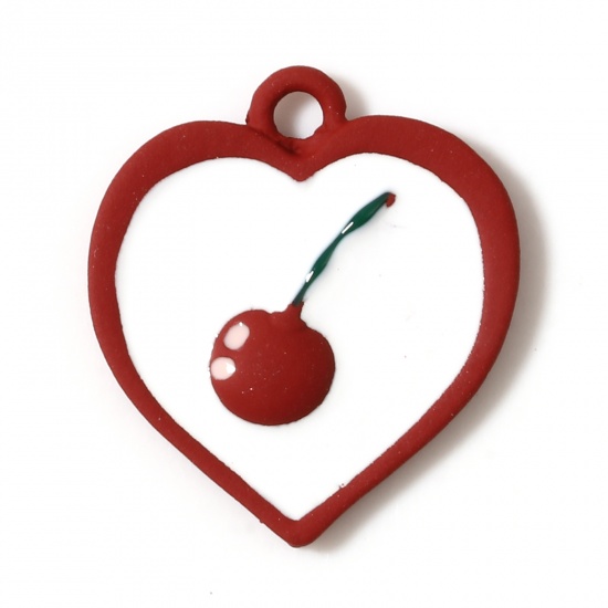 Picture of Zinc Based Alloy Charms Heart White & Red Cherry Enamel 20mm x 17mm, 5 PCs