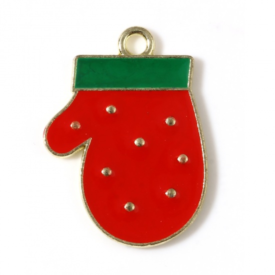 Picture of Zinc Based Alloy Charms Christmas Gloves Gold Plated Red & Green Enamel 22mm x 16mm, 10 PCs