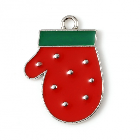 Picture of Zinc Based Alloy Charms Christmas Gloves Silver Tone Red & Green Enamel 22mm x 16mm, 10 PCs
