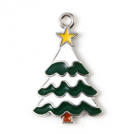 亜鉛合金 チャーム クリスマスツリー シルバートーン 白+緑 エナメル 25mm x 16mm、 10 個 の画像