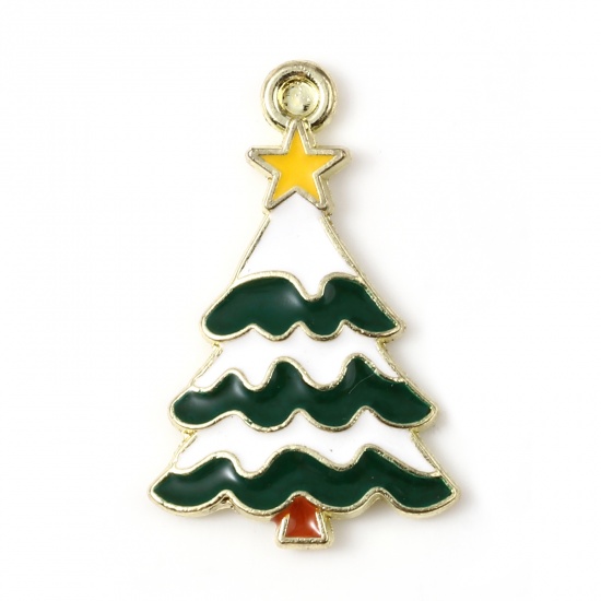 亜鉛合金 チャーム クリスマスツリー 金メッキ 白+緑 エナメル 25mm x 16mm、 10 個 の画像
