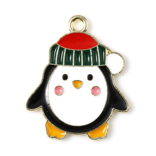 Picture of Zinc Based Alloy Charms Penguin Animal Gold Plated Multicolor Christmas Hats Enamel 22mm x 18mm, 10 PCs