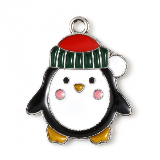 Picture of Zinc Based Alloy Charms Penguin Animal Silver Tone Multicolor Christmas Hats Enamel 22mm x 18mm, 10 PCs
