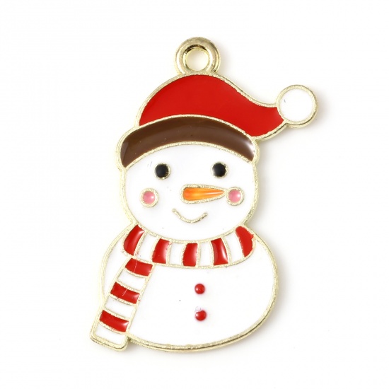 Picture of Zinc Based Alloy Charms Christmas Snowman Gold Plated White & Red Enamel 26mm x 16mm, 10 PCs