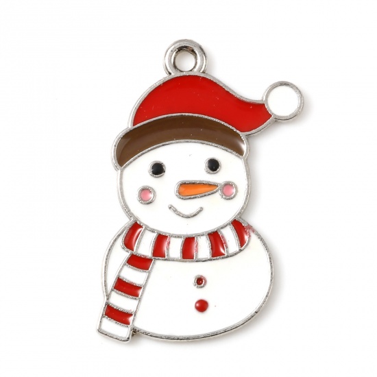亜鉛合金 チャーム クリスマス雪だるま シルバートーン 白×赤 エナメル 26mm x 16mm、 10 個 の画像