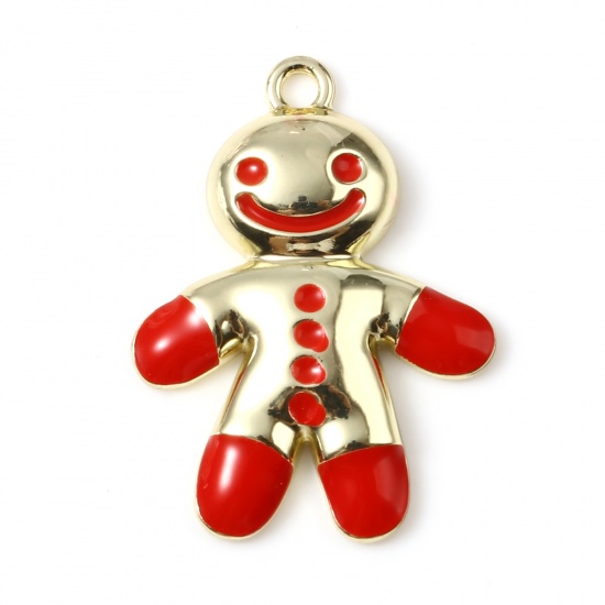 Picture of Zinc Based Alloy Charms Christmas Snowman Gold Plated Red Enamel 28mm x 20mm, 5 PCs