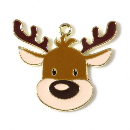 Picture of Zinc Based Alloy Charms Christmas Reindeer Gold Plated Multicolor Enamel 29mm x 26mm, 5 PCs