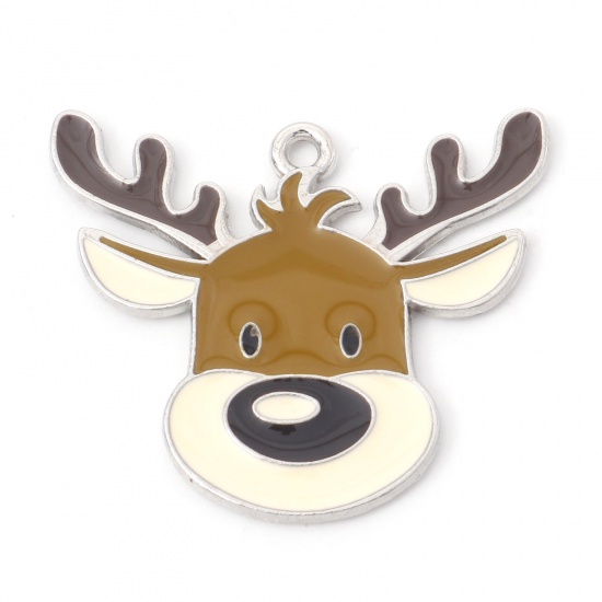Picture of Zinc Based Alloy Charms Christmas Reindeer Silver Tone Multicolor Enamel 29mm x 26mm, 5 PCs