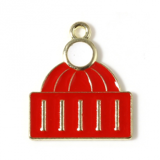 Picture of Zinc Based Alloy Charms Christmas Hats Gold Plated White & Red Enamel 22mm x 19mm, 10 PCs
