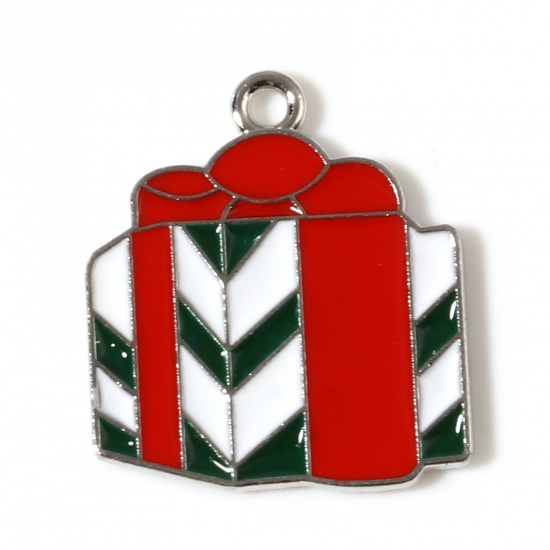 Picture of Zinc Based Alloy Charms Christmas Gift Box Silver Tone Red & Green Enamel 21mm x 19mm, 10 PCs
